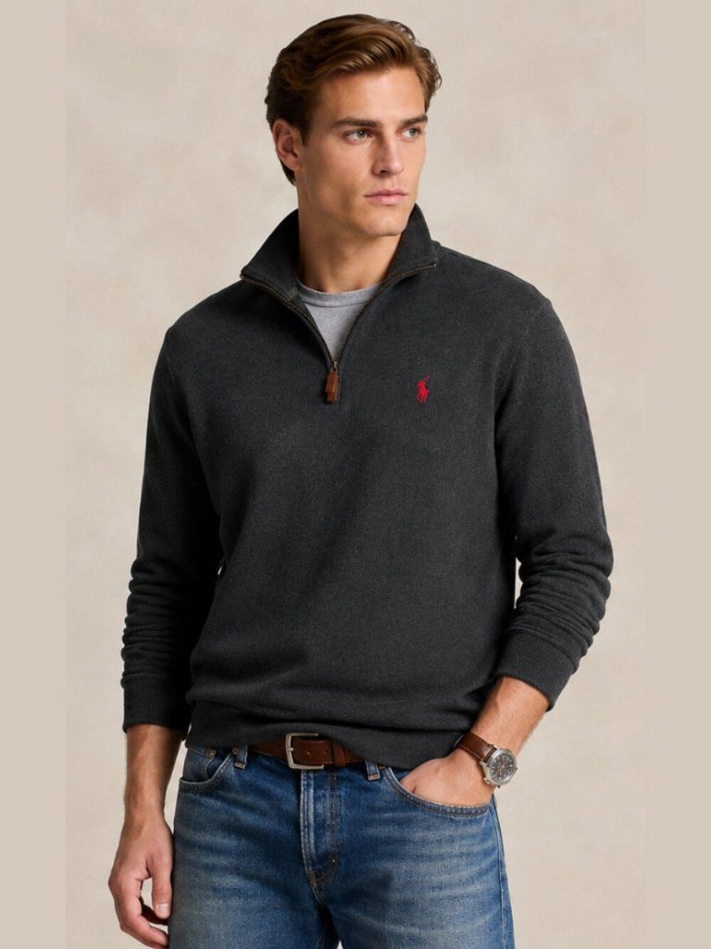 Polo Ralph Lauren Charcoal Cotton Half Zip Pullover Sweater M